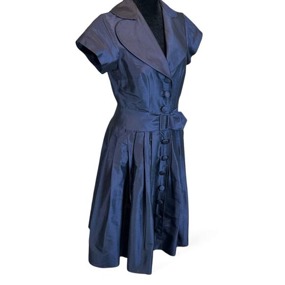 Teri Jon Navy Blue Structured Belted Silk Dress Rockabilly Wedding Guest Size 4 - Picture 2 of 12